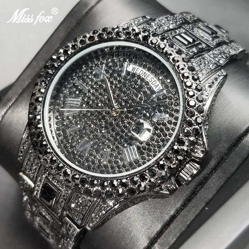 Full Diamond Silver Quartz Wristwatch Hip Hop Iced Out Waterproof Watch