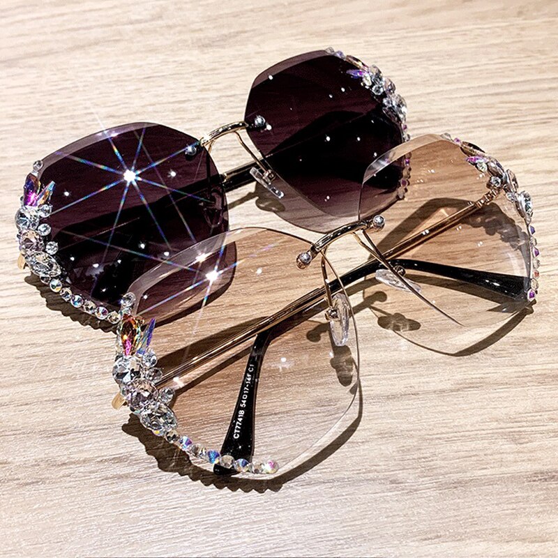 Bling Rhinestone Sun Glasses Women's Rimless Shades UV400