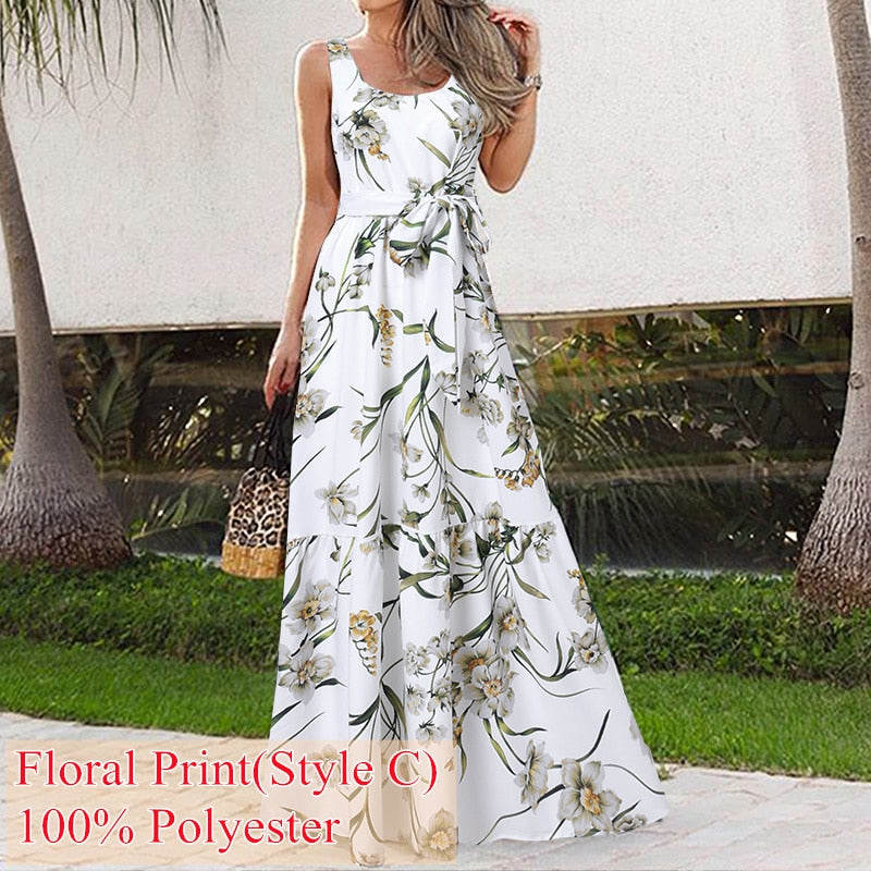 Bohemian Floral Print Ruffled Sleeveless Maxi Sundress to 5X Plus Size