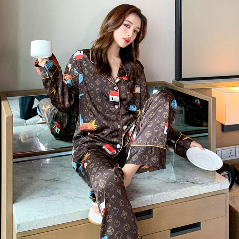 Satin Print 2-Piece Monogram Print Pajamas Sleepwear Set