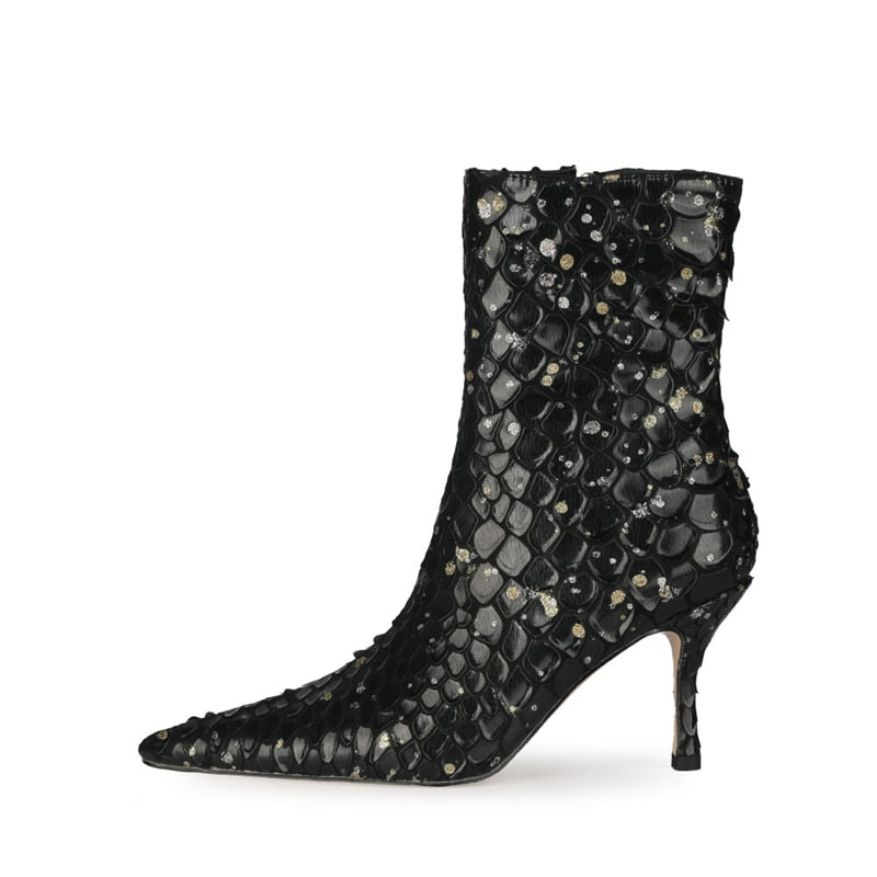 Fish Scale Pattern Thin Heel Pointed Toe Ankle Boots