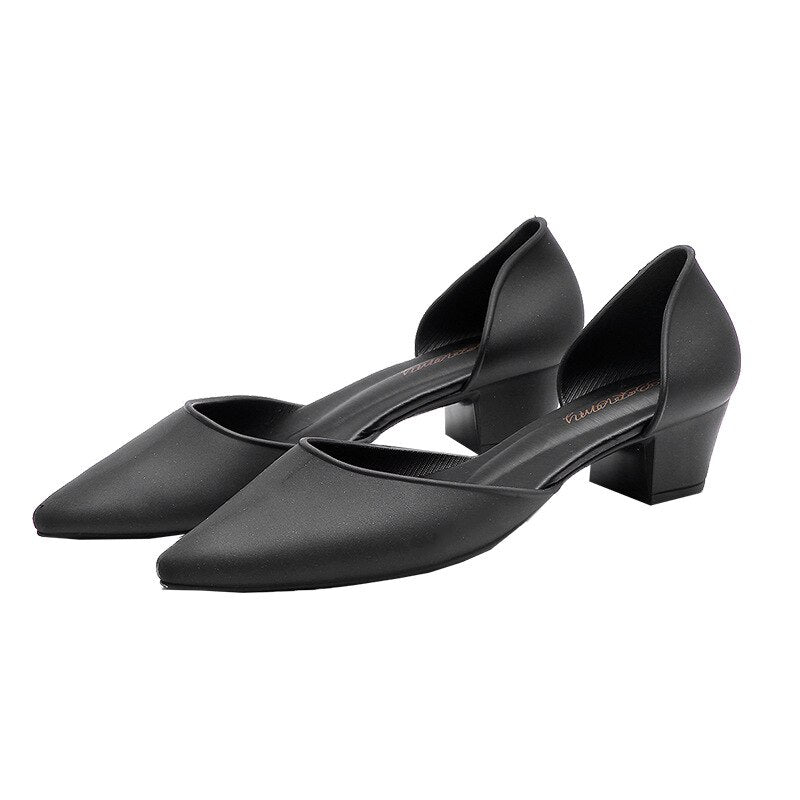 Ladies Pointed Toe Basic Solid Low Thick Heels Flats