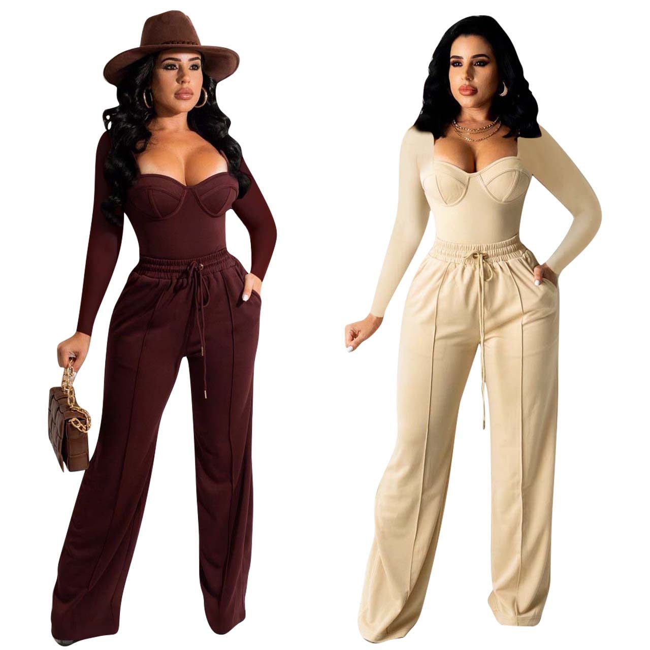 Long Sleeve V-Neck Top + Drawstring Pockets Wide Leg Pants 2-Piece Set