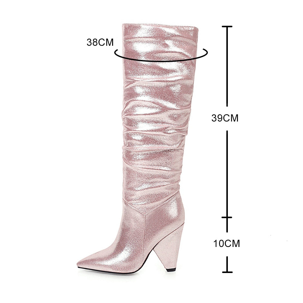 Metallic Western Pleated Sequined Cloth Knee High Ladies Pointed Toe Boots