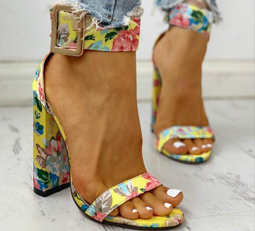 Leopard/Snakeskin/Floral Open Toe Ankle Buckled Sandals Chunky Heeled Sandals