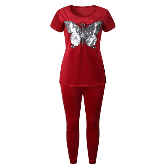 Velvet Metallic Butterfly Embroidered Short Sleeve Top & Side Striped Skinny Pants 2-Piece Set to 3X Plus Size