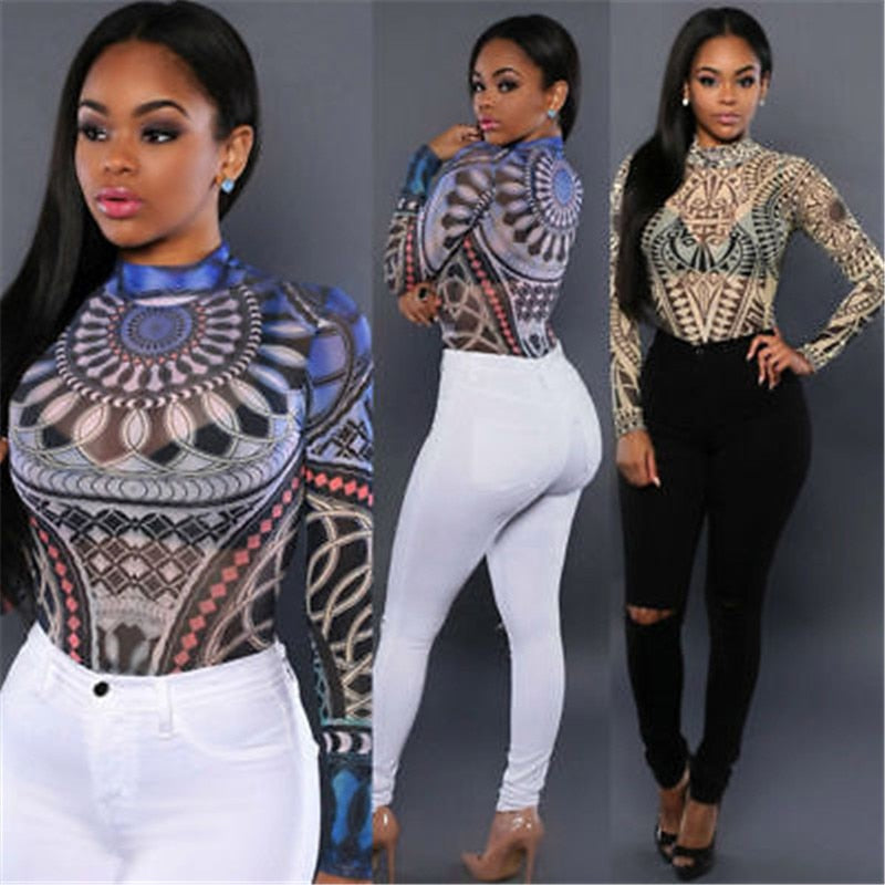 Mesh Transparent Geometric Long Sleeve Printed Bodycon Women's Bodysuit Romper