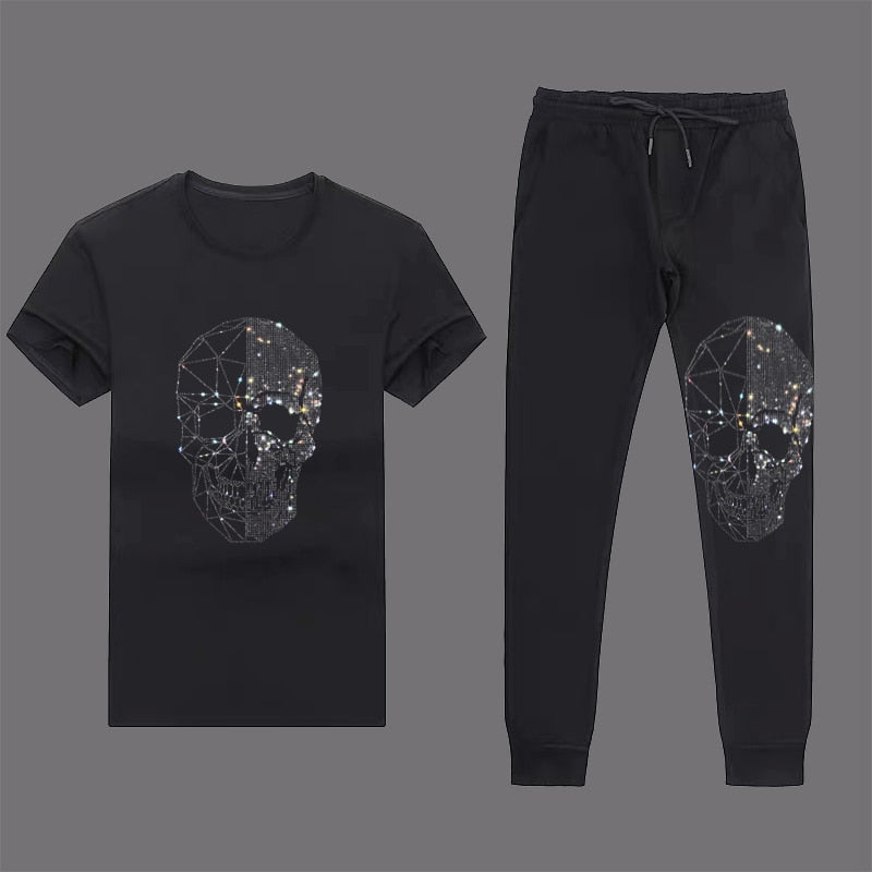 Men's Rhinestone Skull Head Short Sleeve T-Shirt Pure Cotton O-Neck Top & Sweatpants 2-Piece  Set