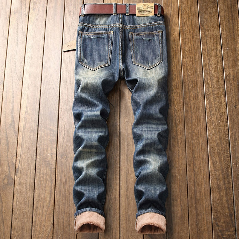 Men's Ripped Fleece Lined Hole Patch Straight Denim Jeans