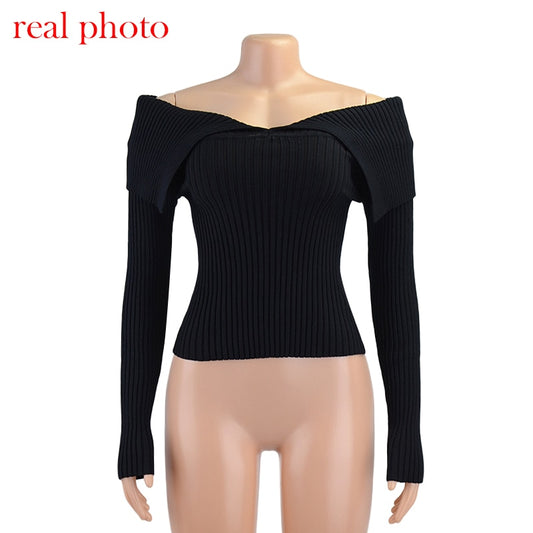 Off Shoulder Ribbed Knitted Women's Cropped Sweater