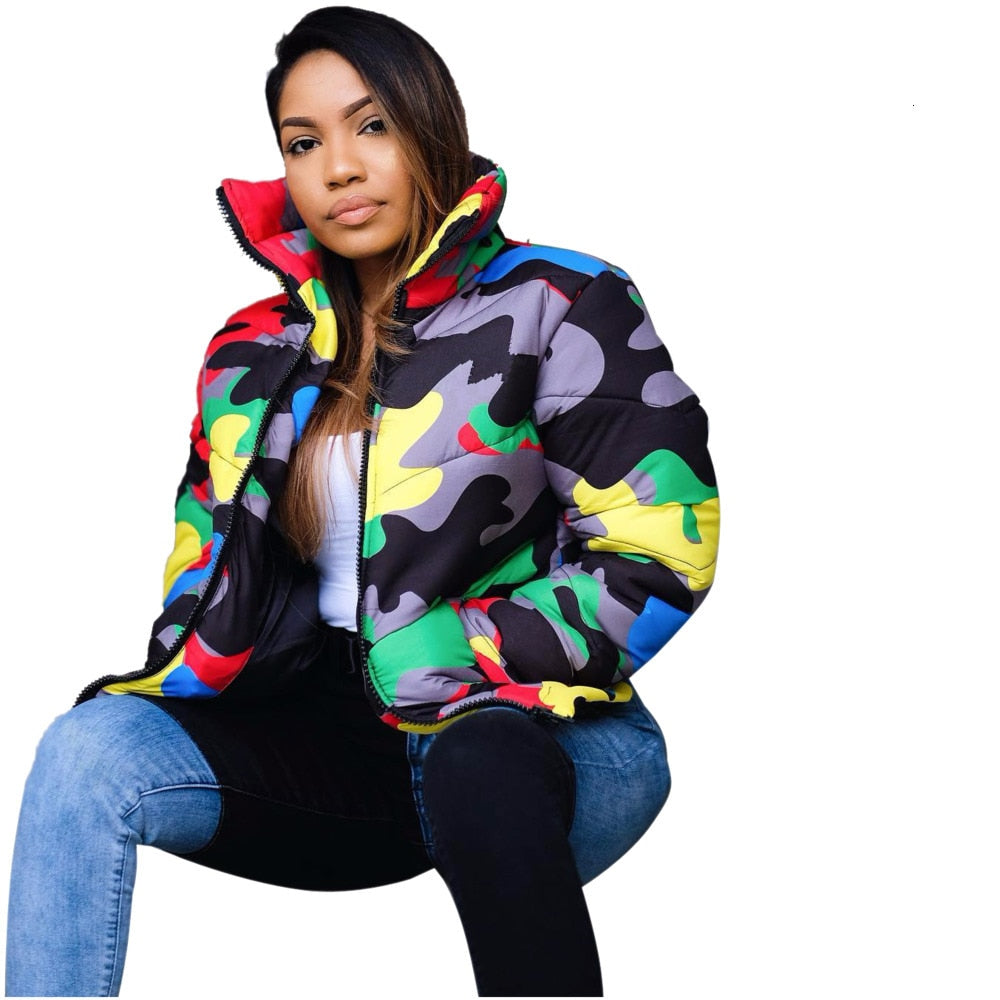 Colored Camoflauge Print Bubble Puffer Women's Bomber Jacket