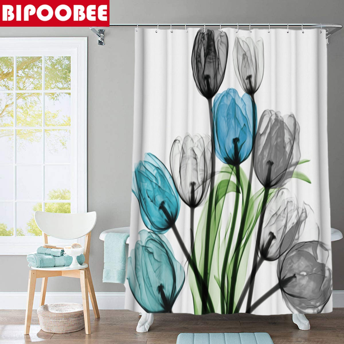 Tulip Lotus Flowers Trees Shower Curtain Sets Non-Slip Rugs Toilet Lid Cover and Bath Mat Waterproof Shower Curtain