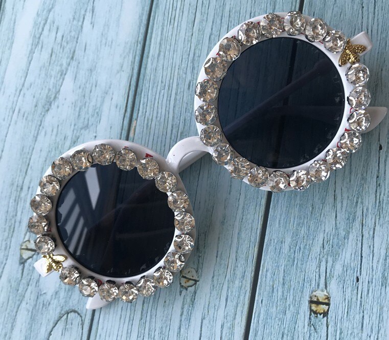 Women's Crystal Diamond Handmade Round UV400 Mirror Lens Flower Sunglasses