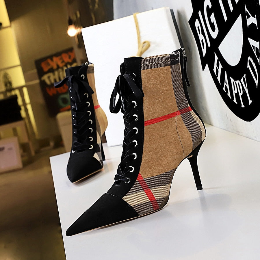 Pointed Toe Plaid Lace up Fashion Cross Strap Ankle Boots