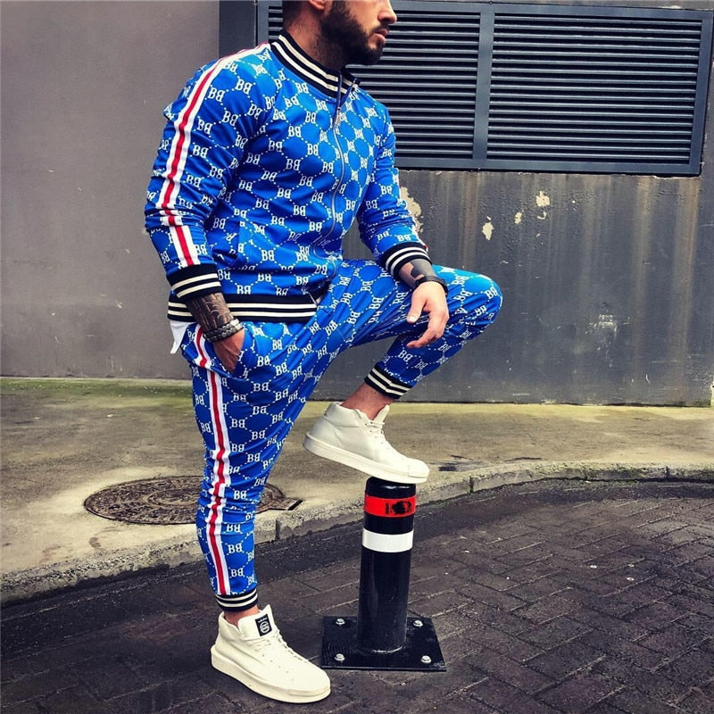 Men's Plaid/Geometric O-Neck Printed Zipper Jacket Tracksuits