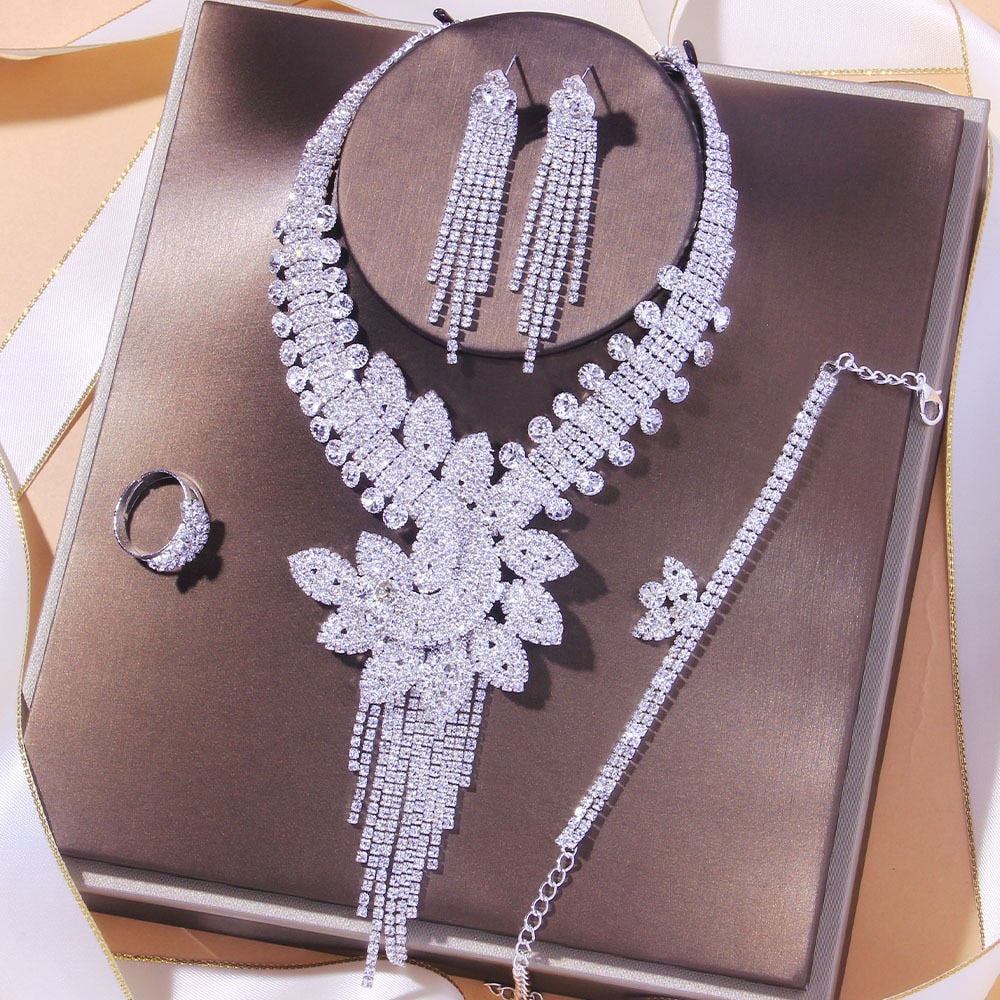 Flower Rhinestone Bridal Jewelry Set: Earrings, Necklace & Bracelet