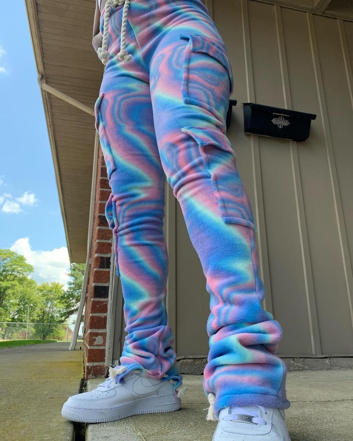 Velvet Tie-Dye Printed Drawstring Women's Cargo Pocketed Sweatpants