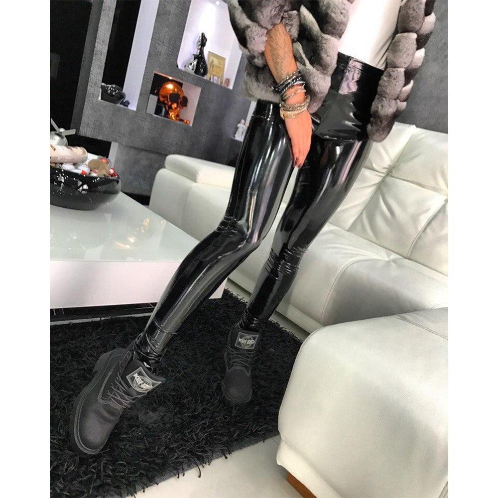 Shiny Elastic Stretch Skinny Pants Women High Waist Push Up Leather Black Leggings Jeggings