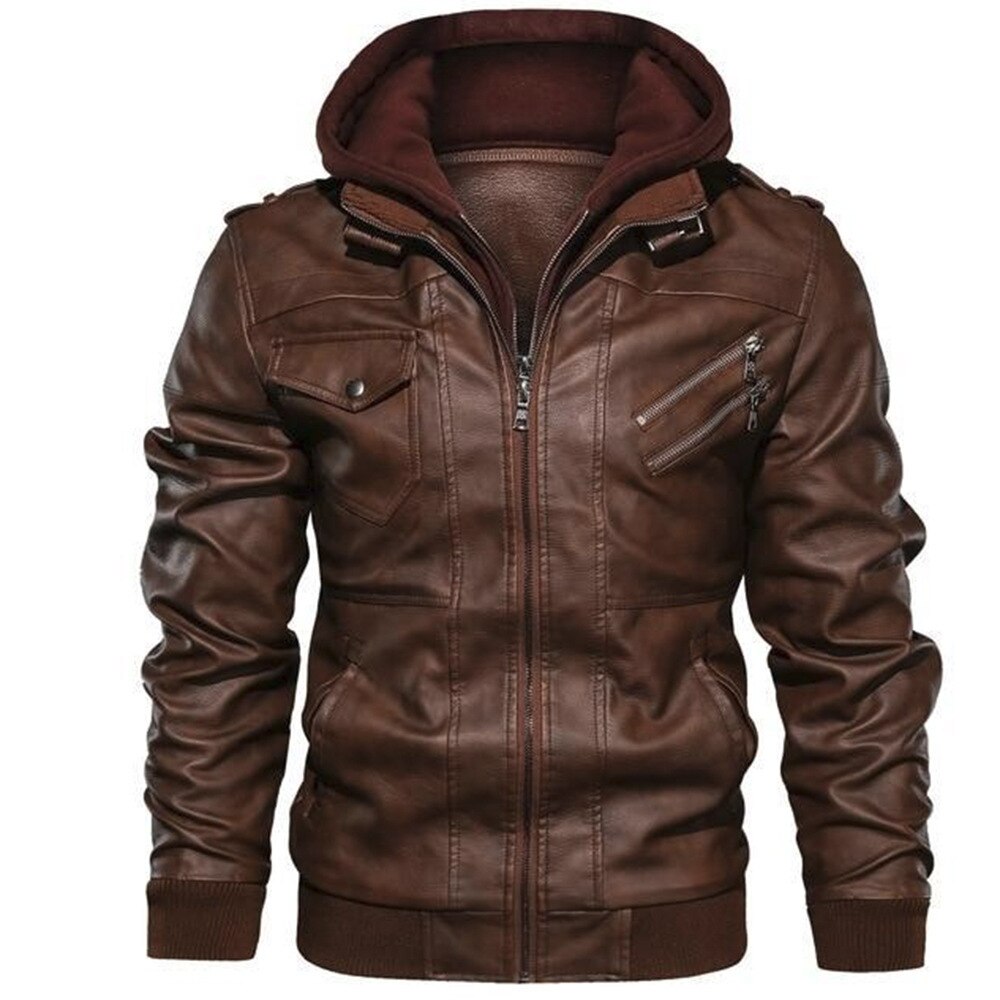 Men's Leather Hooded Motorcycle PU Jacket