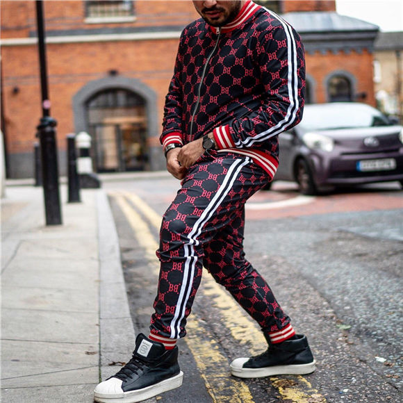 Men's Plaid/Geometric O-Neck Printed Zipper Jacket Tracksuits