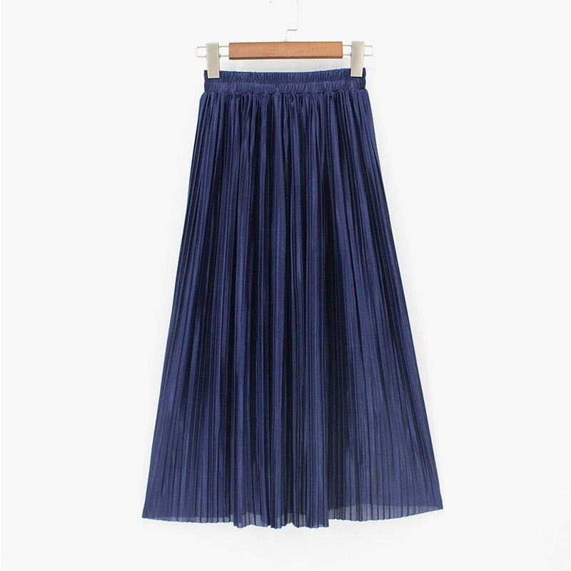 Satin Loose Pleated Solid Color High Waisted Maxi Skirt