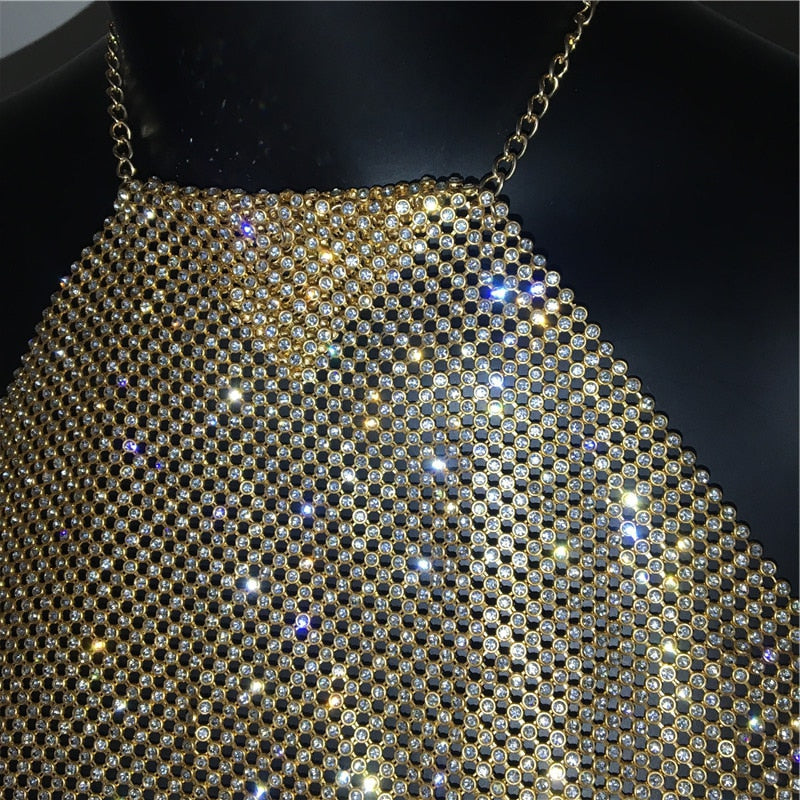 Rhinestone Cami Backless Metal Chain Nightclub Diamond Tank Tops