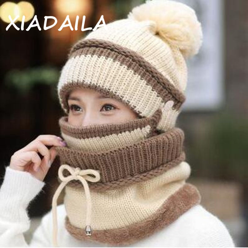 Women's Fleece 3-Piece Set: Knitted Mask, Beanie Hat & Scarf