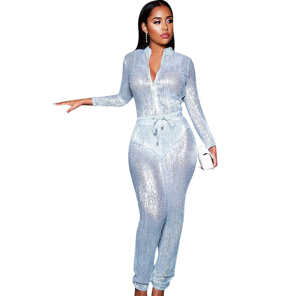 Sequin Glitter O-Neck Women's Sleeveless/Long Sleeve Bandage Jumpsuit w/ Belt to 5X