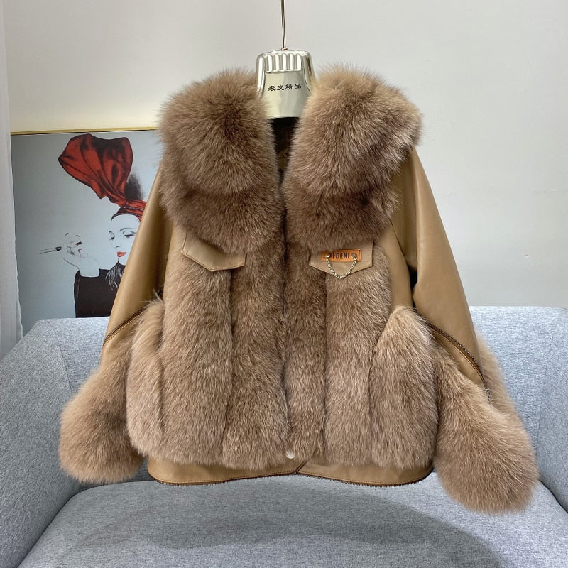 Sheepskin Fox Fur Trim Stitched Ladies Jacket