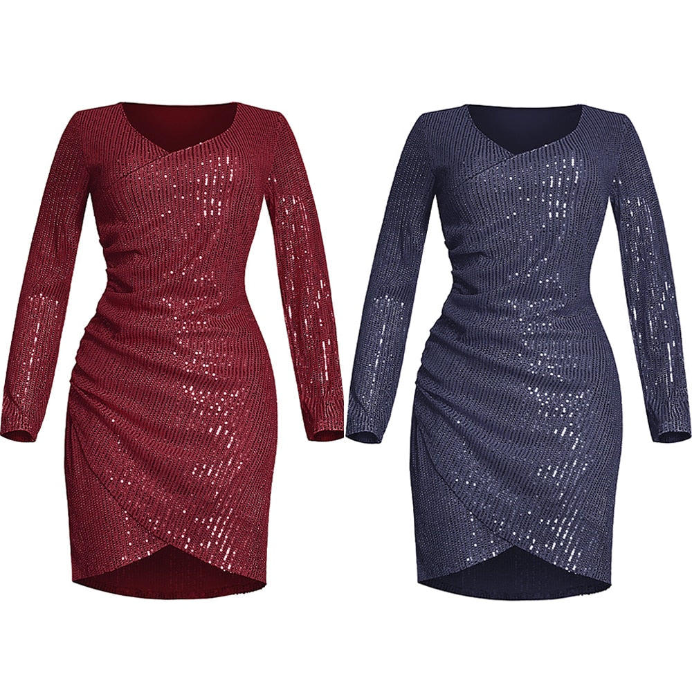 Sparkle Long Sleeve V-Neck Bodycon Party Dress