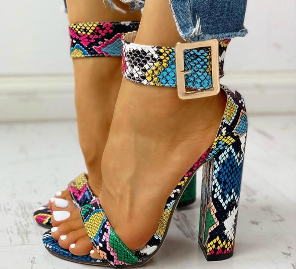 Leopard/Snakeskin/Floral Open Toe Ankle Buckled Sandals Chunky Heeled Sandals