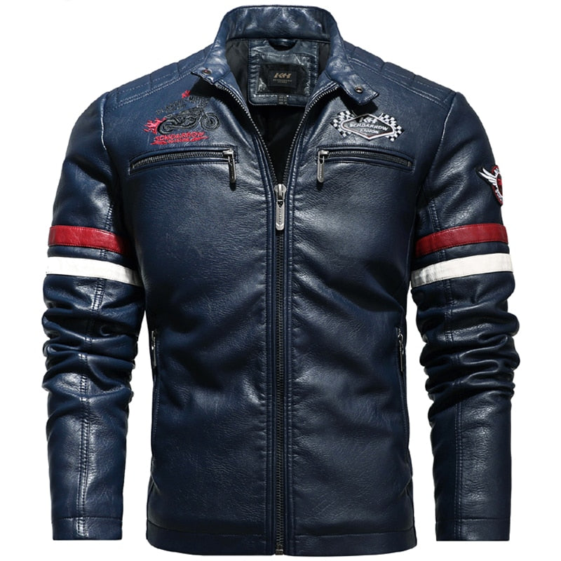 Side Striped Men's Logo Embroidery Leather Bomber Slim Fit Motorcycle Jacket