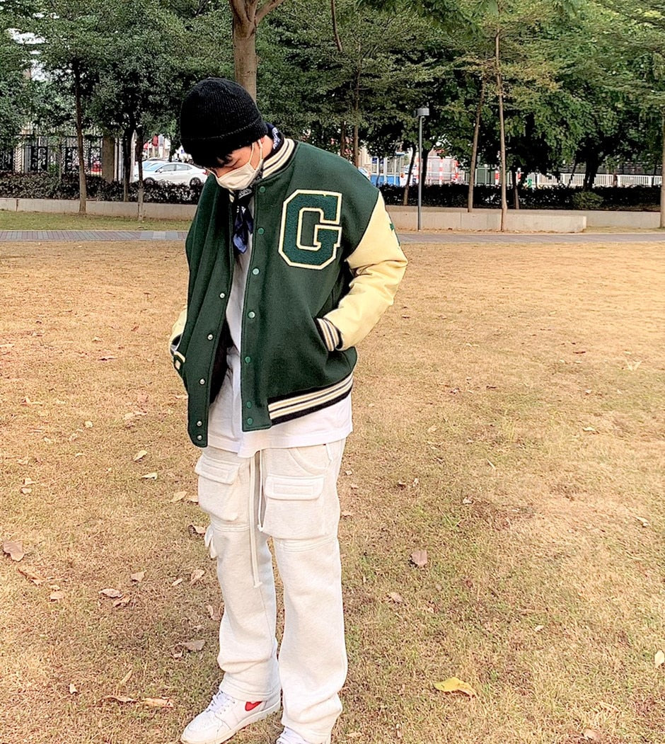 Men's Hip-Hop Furry Sleeve Letter Print Embroidered Baseball Varsity Letterman's Jackets