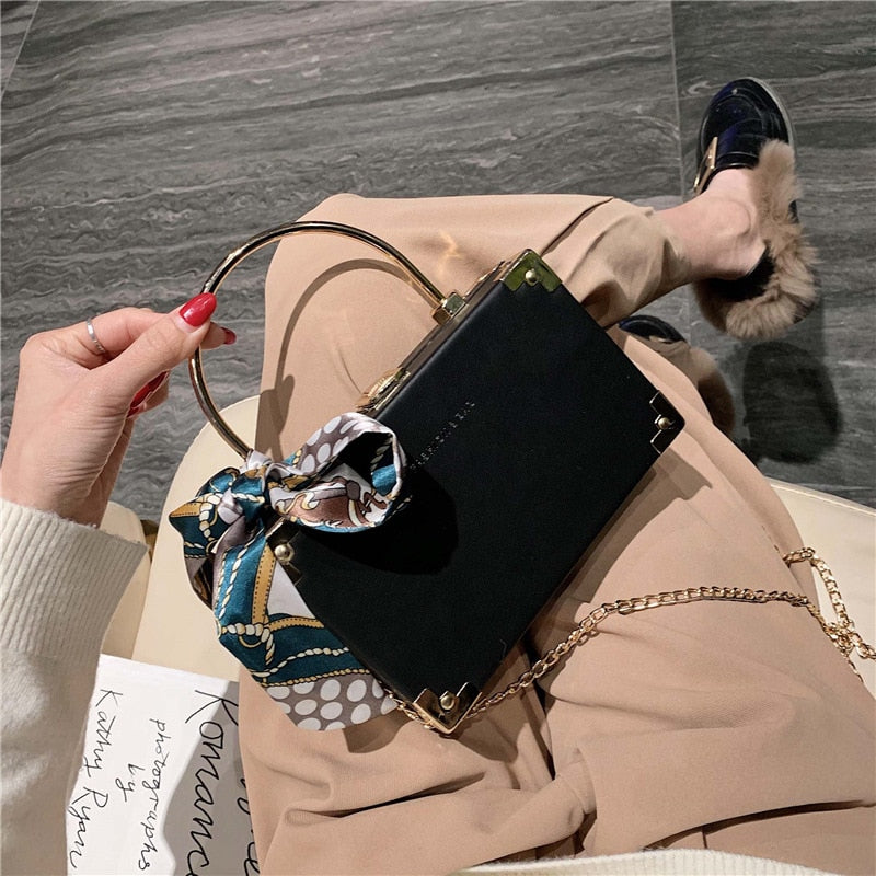 Metal Handle Box Design Women Party Clutch Bag Fashion Shoulder Chain Scarf Crossbody Pursd