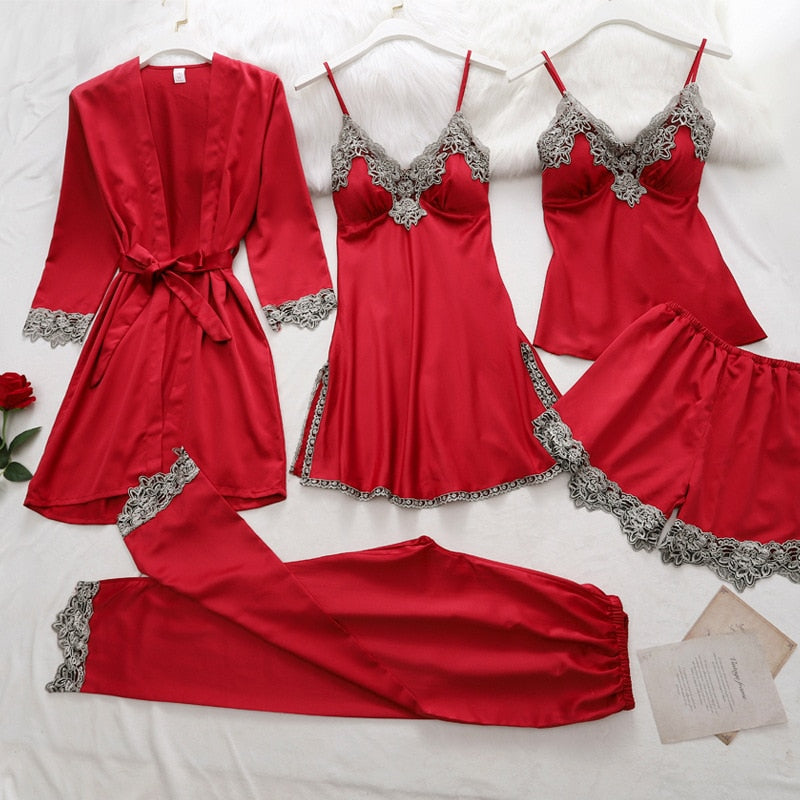 Satin 5-Piece Matching Women's Pajama Set: Robe, V-Neck Camisole, Pants Pants, Teddy Lingerie Top & Shorts