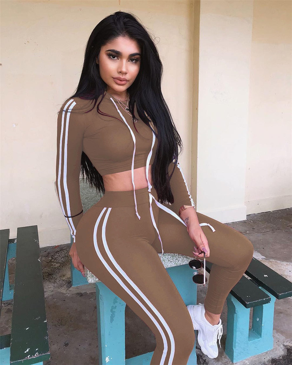 Solid Drawstring Ladies Side Striped Long Sleeve Crop Top & Pant 2-Piece Tracksuit