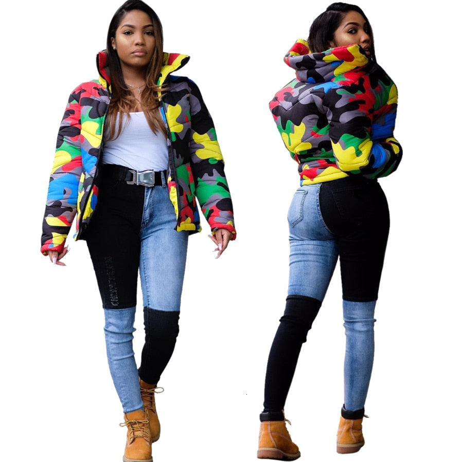 Colored Camoflauge Print Bubble Puffer Women's Bomber Jacket