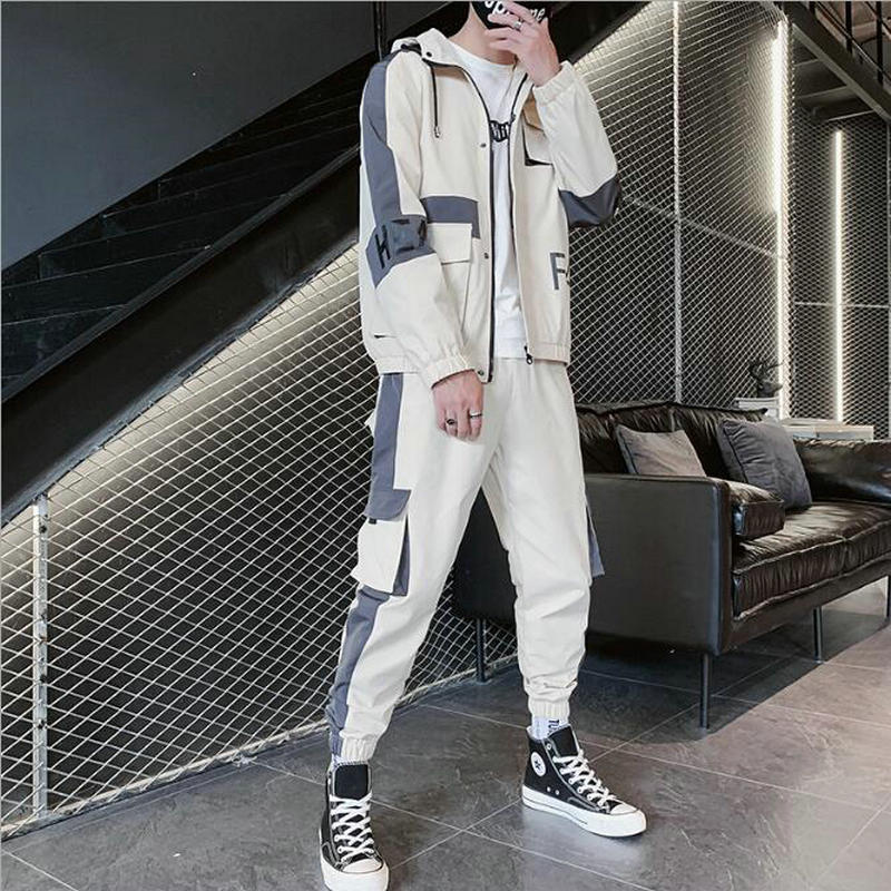 Men's Patchwork Utility Zipper Jacket + Pants Cargo Tracksuit