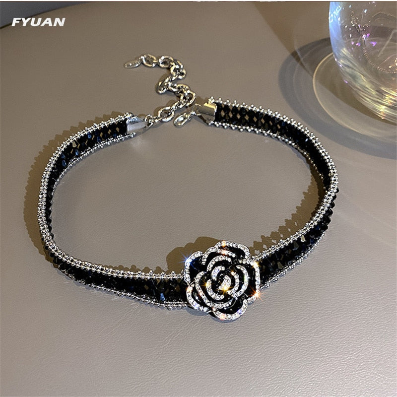 Handmade Black Silver Rose Crystal Choker