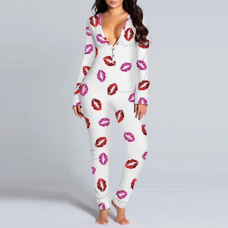 Button-Down Front V-Neck Long Sleeve Ladies Pajamas Onesie