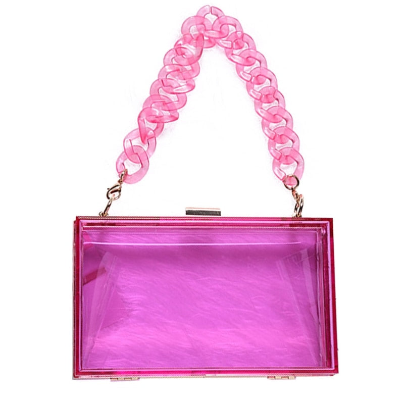 Clear Acrylic Box Clutch Transparent Shoulder Bag w/ Detachable Chain