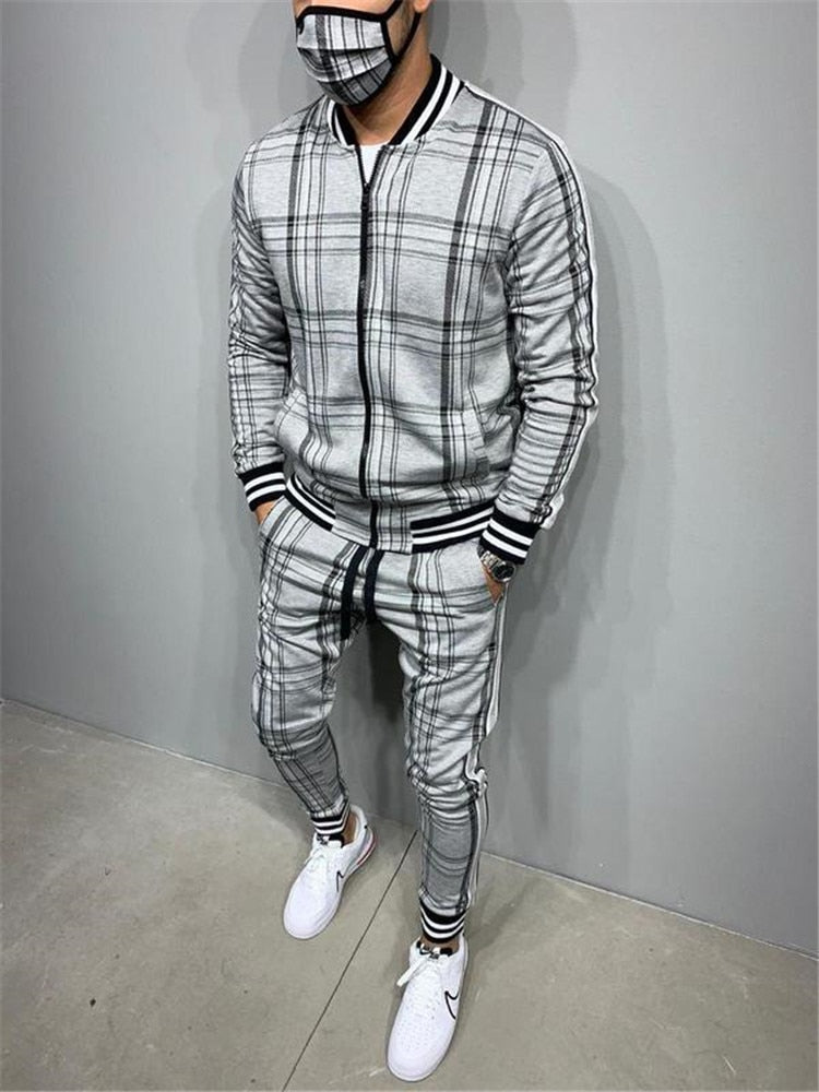 Men's Plaid Printed Faded O-Neck Zipper Jacket +Matching Sweatpants Tracksuit