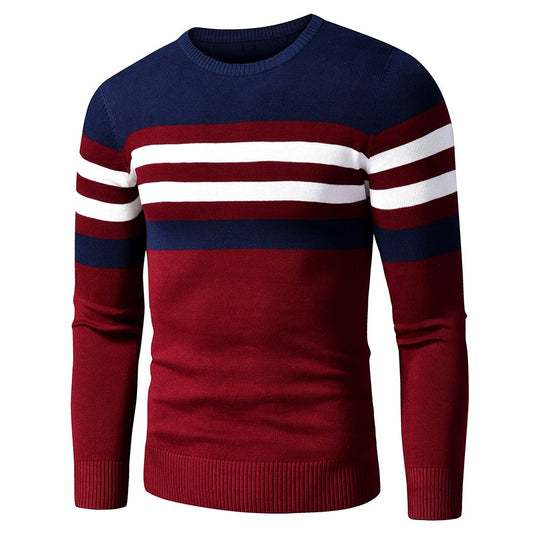 Men's Striped Fleece Cotton Pullover O-Neck Sweater