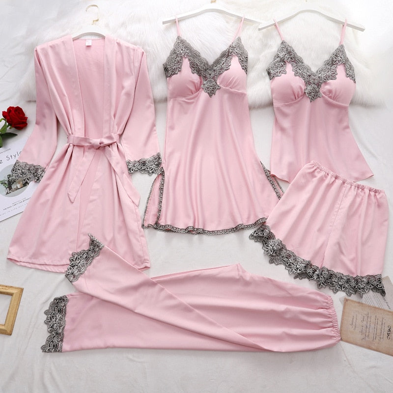 Satin 5-Piece Matching Women's Pajama Set: Robe, V-Neck Camisole, Pants Pants, Teddy Lingerie Top & Shorts