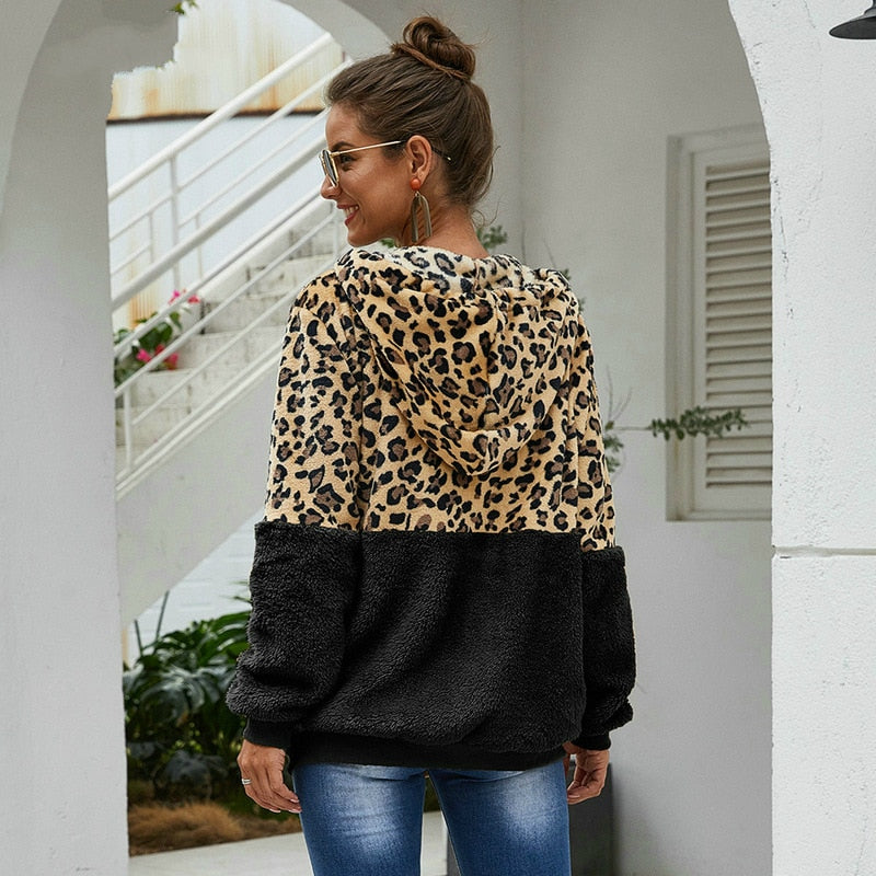 Leopard/Colorblock Women's Long Sleeve Zipper Hoodie Jacket