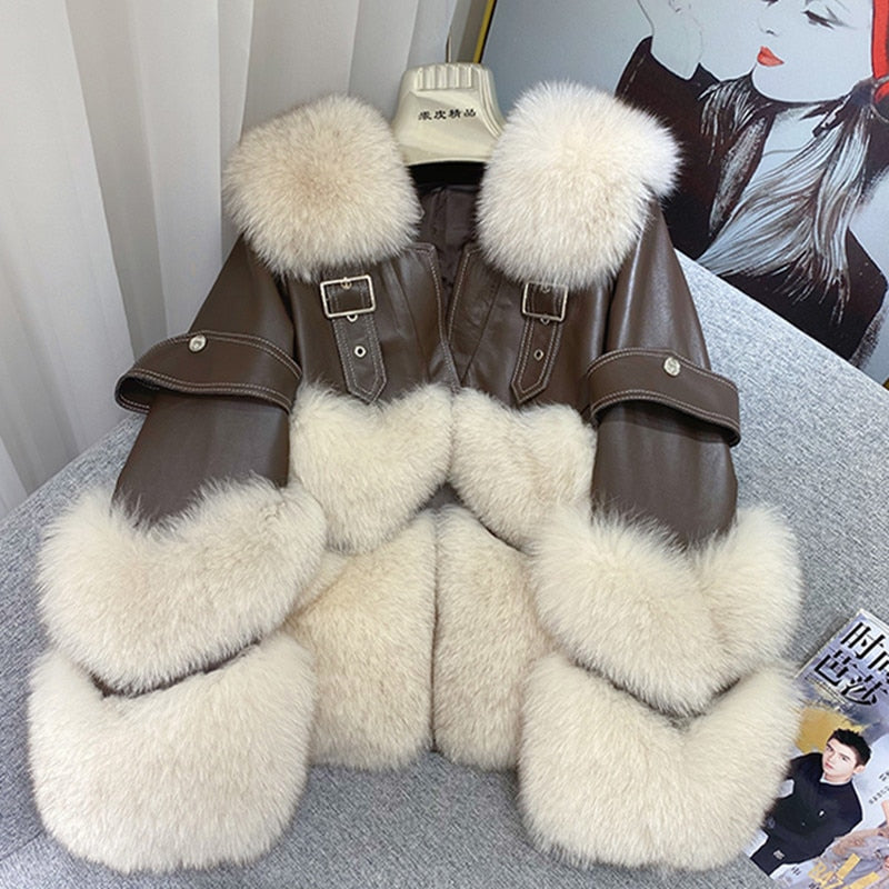 Fox Fur Short Sheepskin w/ Fox Fur Collar Buckle Heart Jacket