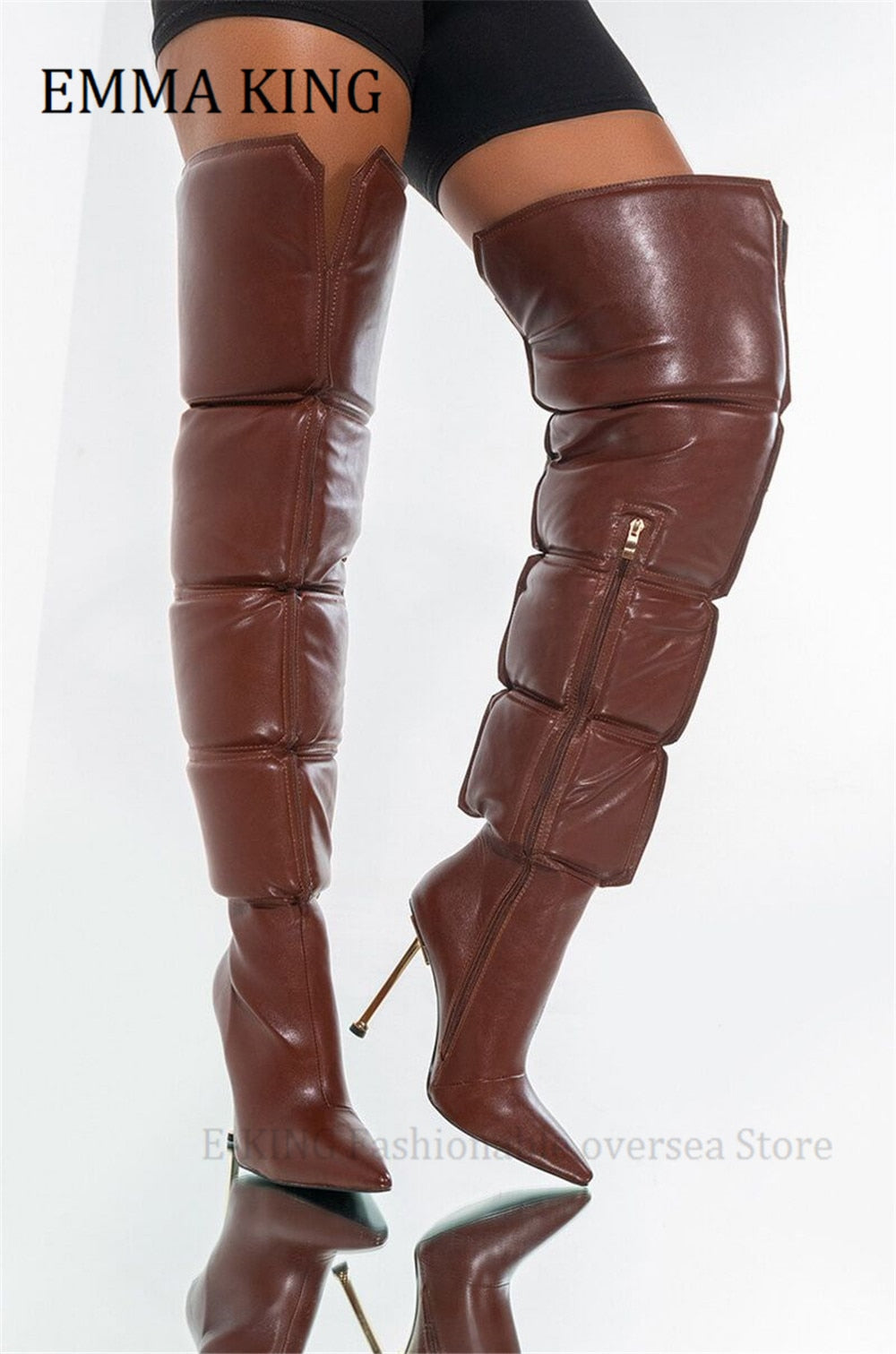 Puffer Shaft Over-the-knee Metallic Stiletto Ankle Zipper Thigh High Boots