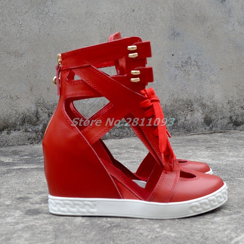 Cut-Out Lace Up Round Toe Solid Red Real Leather Back Zipper Ankle Boots