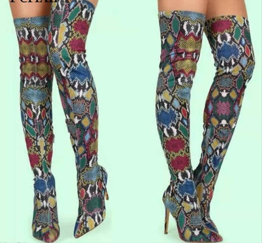 Multicolored Snake Print Over-The-Knee Boots Sexy Thin High Stretch Ladies Boots