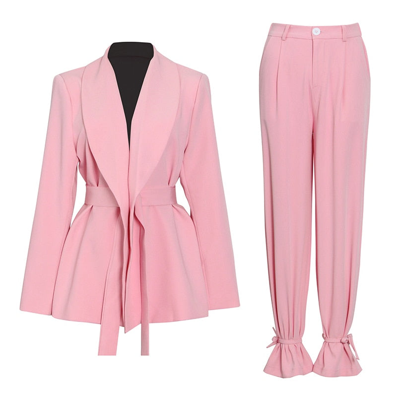 Women's Lapel Collar Long Sleeve Belt Blazer  w/ High Waist Adjustable Pants